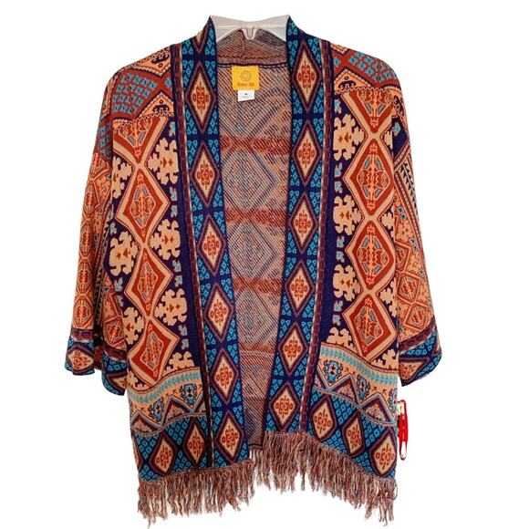 Ruby Rd Go West Multicolor Jacquard Fringe Hem Open Cardigan Medium - Picture 2 of 7